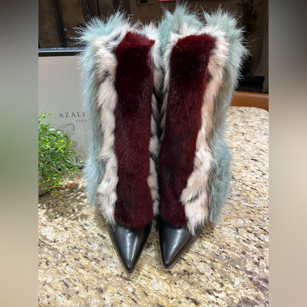 Azalea Wang Briash Blue Multi Fur Hidden Wedge Boots 7 - Picture 3 of 12